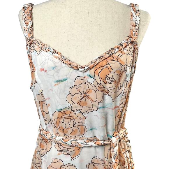 Dyvna Chacha Dress Womens Size 10 Peach Floral Braided Strap Belted Silk Midi - Picture 7 of 16